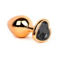 Анальная пробка золотой металл с чёрным кристаллом сердце, L 