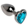 Анальная пробка чёрный металл с голубым кристаллом сердце, S 