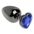 Анальная пробка чёрный металл с синим кристаллом, сердце, L 