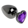 Анальная пробка чёрный металлс фиолетовым кристаллом, сердце, L 