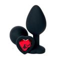 Анальная пробка чёрный силикон с красным кристаллом сердце, М 