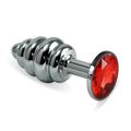 Анальная рельефная пробка серебрянный металл с красным кристаллом, S 
