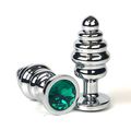 Анальная рельефная пробка серебрянный металл с зелёным кристаллом, S 