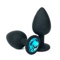 Анальная пробка черный силикон с голубым кристаллом, S 
