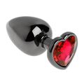 Анальная пробка чёрный металл с красным кристаллом, сердце M 