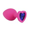 Анальная пробка розовый силикон с синим кристаллом сердце, M 