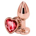 Анальная пробка розовое золото с красным кристаллом сердце, L 