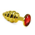 Анальная пробка золотая рельефная с красным кристаллом, М 