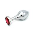 Анальная пробка серебряная с удлиненной ножкой и красным кристаллом, M 