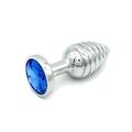 Анальная рельефная пробка серебро с синим кристаллом, S 
