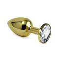 Анальная пробка золотой металл с прозрачным кристаллом, L 