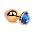 Анальная пробка золотой металл с синим кристаллом сердце, L 