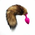 Анальная пробка розовый силикон с рыжим хвостиком, L 