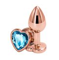 Анальная пробка розовое золото с голубым кристаллом сердце, S 
