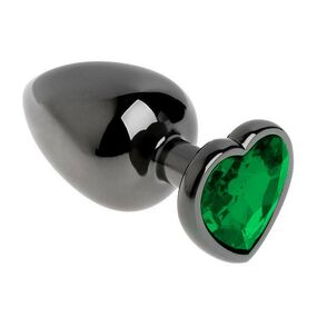 Анальная пробка чёрный металл с зелёным кристаллом, сердце, L, Цвет: Чёрный/Зелёный 