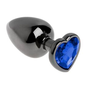 Анальная пробка чёрный металл с синим кристаллом, сердце, M, Цвет: Чёрный/Синий 