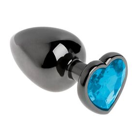 Анальная пробка черный металл с голубым кристаллом, сердце, M, Цвет: Чёрный/Голубой 