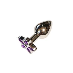 Анальная пробка серебряный металл с фиолетовым цветком, S 