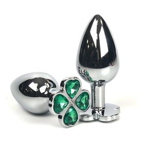 Анальная пробка клевер с зелёным кристаллом, L, Цвет: Серебряный/Зеленый 