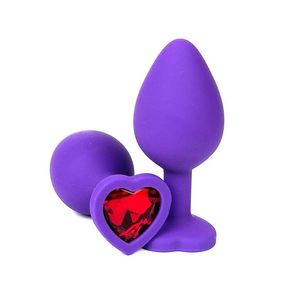 Анальная пробка фиолетовая с красным кристаллом сердце, S, Цвет: Фиолетовый/Красный 