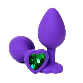 Анальная пробка фиолетовая с зелёным кристаллом сердце, S, Цвет: Фиолетовый/Зелёный 
