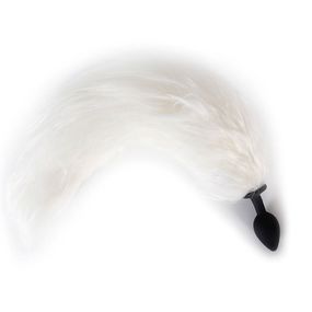 Анальная пробка черный силикон с белым хвостом, L 