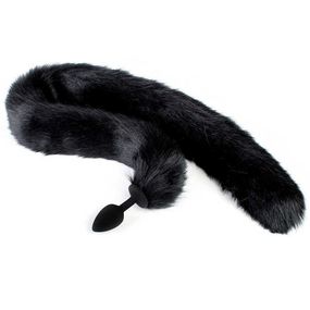 Анальная пробка чёрный силикон с чёрным хвостом, L 