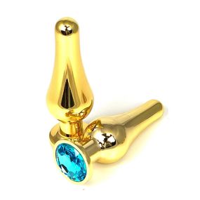 Анальная пробка танго золотая с голубым кристаллом, L, Цвет: Золотой/Голубой 