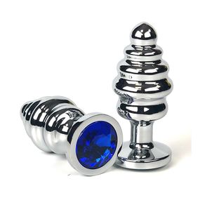 Анальная пробка рельефная с синим кристаллом, L, Цвет: Серебряный/Синий 