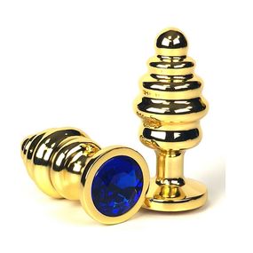 Анальная пробка золотая рельефная с синим кристаллом, M, Цвет: Золотой/Синий 