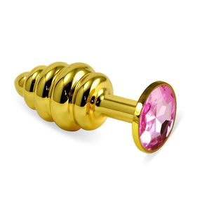 Анальная пробка рельефная со светло-розовым кристаллом, M, Цвет: Золотой/Розовый 