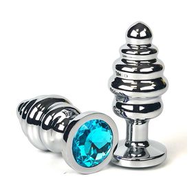 Анальная пробка рельеф с голубым кристаллом, S, Цвет: Серебряный/Голубой 