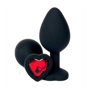 Анальная пробка силиконовая черная с красным кристаллом, M 