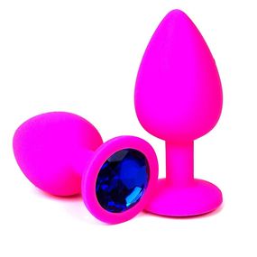 Анальная пробка розовый силикон с синим кристаллом, L, Цвет: Розовый/Синий 