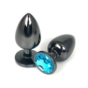 Анальная пробка черный металл с голубым кристаллом, L, Цвет: Чёрный/Голубой 
