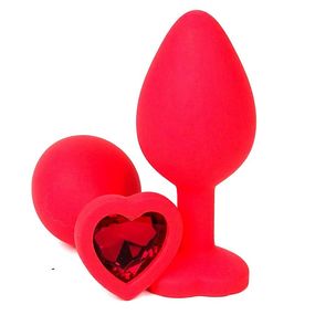Анальная пробка красный силикон с красным кристаллом, сердце, S, Цвет: Красный 