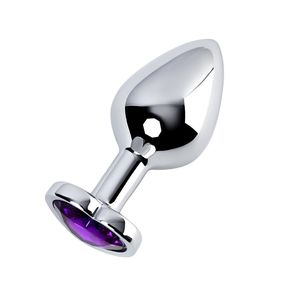 Анальная пробка серебряный металл с фиолетовым кристаллом сердце, M, Цвет: Серебряный/Фиолетовый 