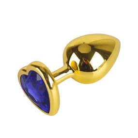 Анальная пробка золотой металл с синим кристаллом сердце, М, Цвет: Золотой/Синий 