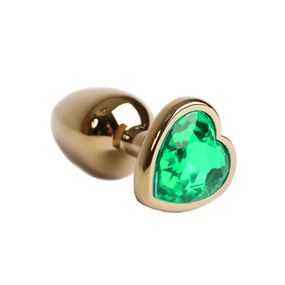 Анальная пробка золотой металл с зелёным кристаллом, сердце, S, Цвет: Золотой/Зеленый 