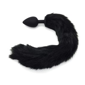 Анальная пробка чёрная с чёрным хвостом, L 