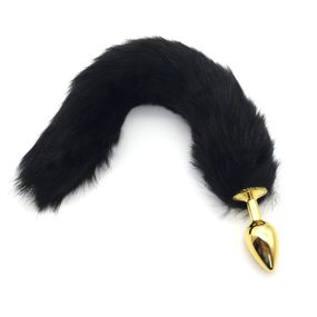 Анальная пробка золотая с чёрным хвостом, S, Цвет: Чёрный 