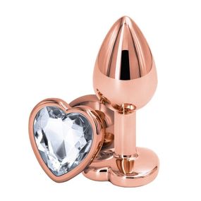 Анальная пробка розовое золото с прозрачным кристаллом сердце, L, Цвет: Золотой/Белый 
