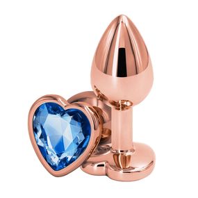 Анальная пробка розовое золото с синим кристаллом сердце, M, Цвет: Золотой/Синий 