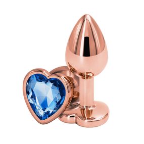 Анальная пробка розовое золото с синим кристаллом сердце, S, Цвет: Золотой/Синий 