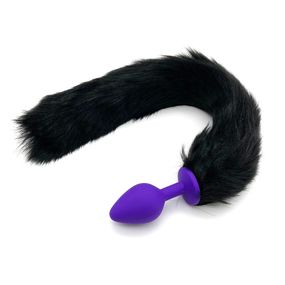 Анальная пробка фиолетовый силикон с чёрным хвостом, M 