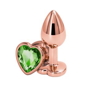 Анальная пробка розовое золото с зеленым кристаллом сердце, S, Цвет: Золотой/Зеленый 