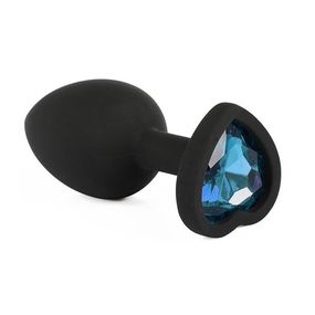 Анальная пробка чёрный силикон с голубым кристаллом сердце, S, Цвет: Чёрный/Голубой 