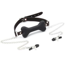 Кляп-трензель с зажимами для сосков «Кость» 