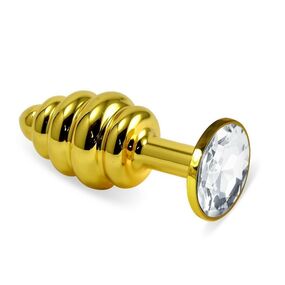 Анальная пробка золотая рельефная с белым кристаллом, L, Цвет: Золотой/Белый 