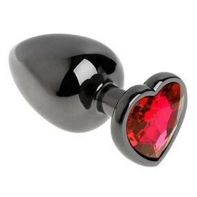 Анальная пробка чёрный металл с красным кристаллом, сердце, L, Цвет: Чёрный/Красный 
